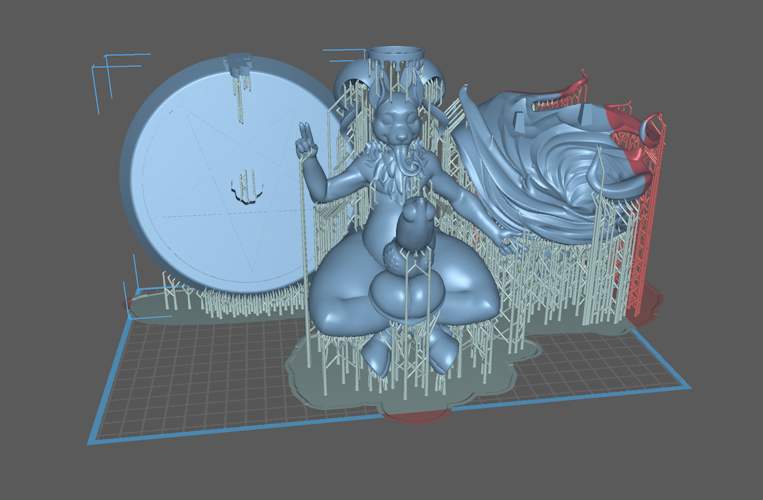 a screen capture of a ready to print 3D statue, with software generated scaffolding, depicting a demon canine anthro character