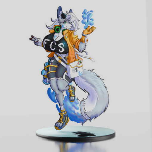 An acrylic standee of Elisia, the anthro grey wolf and FurCollectiblesStore mascot and summoning paint from her hand.