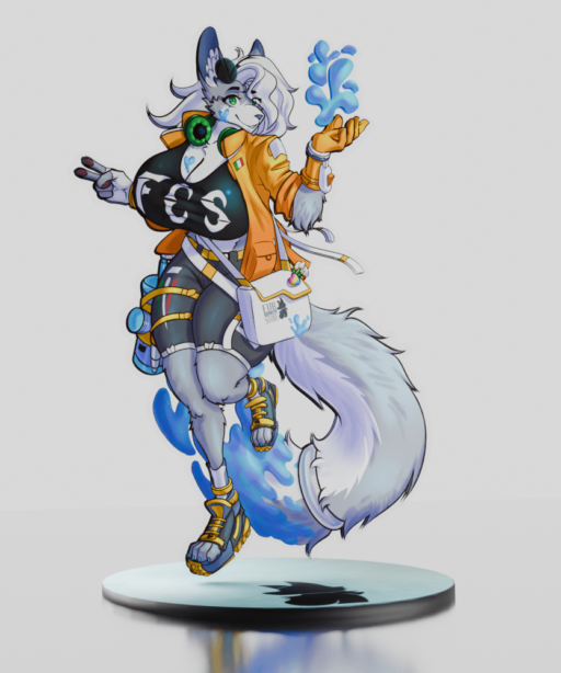 An acrylic standee of Elisia, the anthro grey wolf and FurCollectiblesStore mascot and summoning paint from her hand.