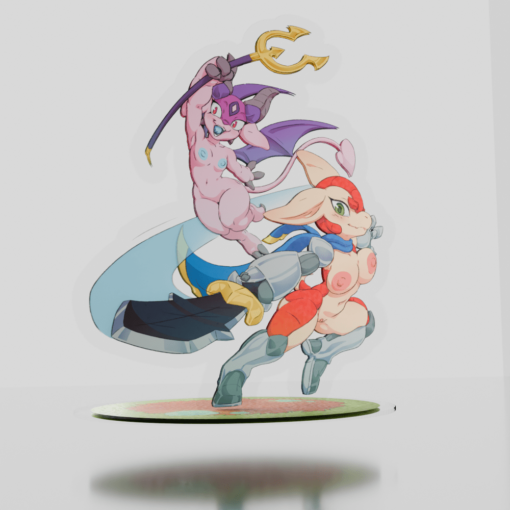 Acrylic standee of Arma and Gerbera, characters by Mundane Escapists, mostly nude, clad in revealing knight and demon attire