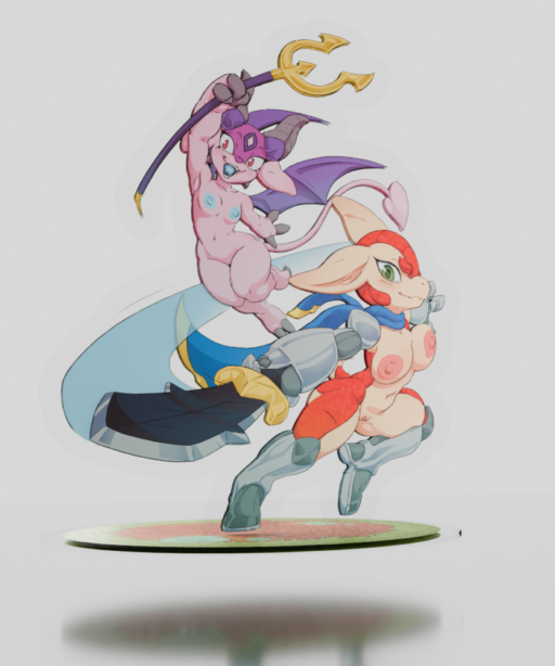 Acrylic standee of Arma and Gerbera, characters by Mundane Escapists, mostly nude, clad in revealing knight and demon attire