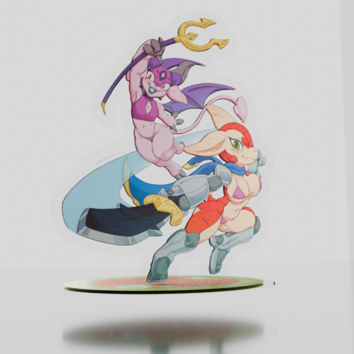 Acrylic standee of Arma and Gerbera, characters by Mundane Escapists, clad in bikini and revealing knight and demon attire