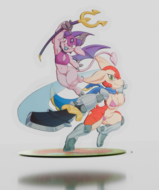 Acrylic standee of Arma and Gerbera, characters by Mundane Escapists, clad in bikini and revealing knight and demon attire