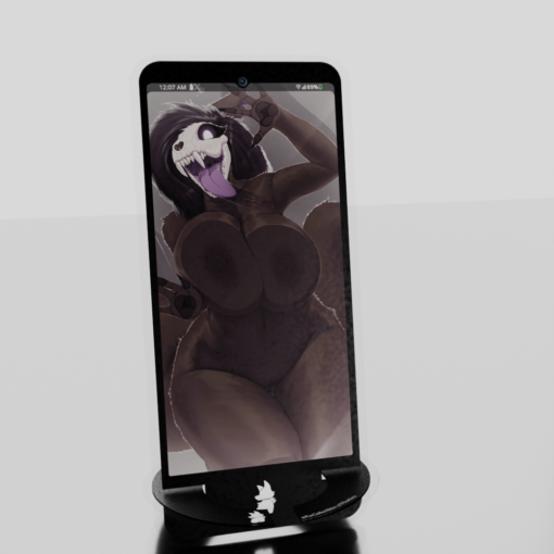 A phone stand featuring a design of SCP-1471 Mal0 by artist TFFeathers, pressing her breasts against a phone screen.