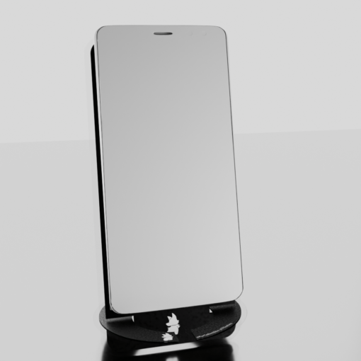 A black phone stand featuring FurCollectiblesStore's logo, with a grey placeholder smartphone placed on it