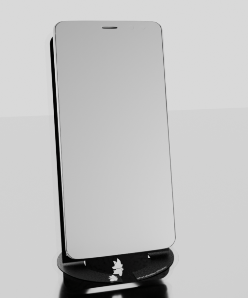 A black phone stand featuring FurCollectiblesStore's logo, with a grey placeholder smartphone placed on it