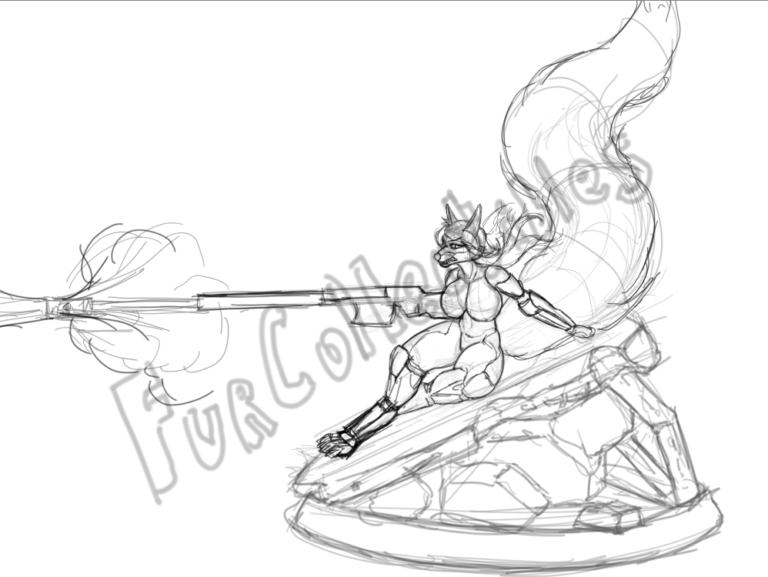 a rough sketch of a work in progress FurCollectibles Store statue, depicting a female anthro firing a rifle from a sitting position