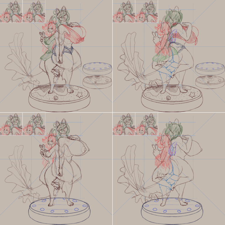 a series of sketches showing the design process of a FurCollectibles Store statue, depicting 2 female anthro characters